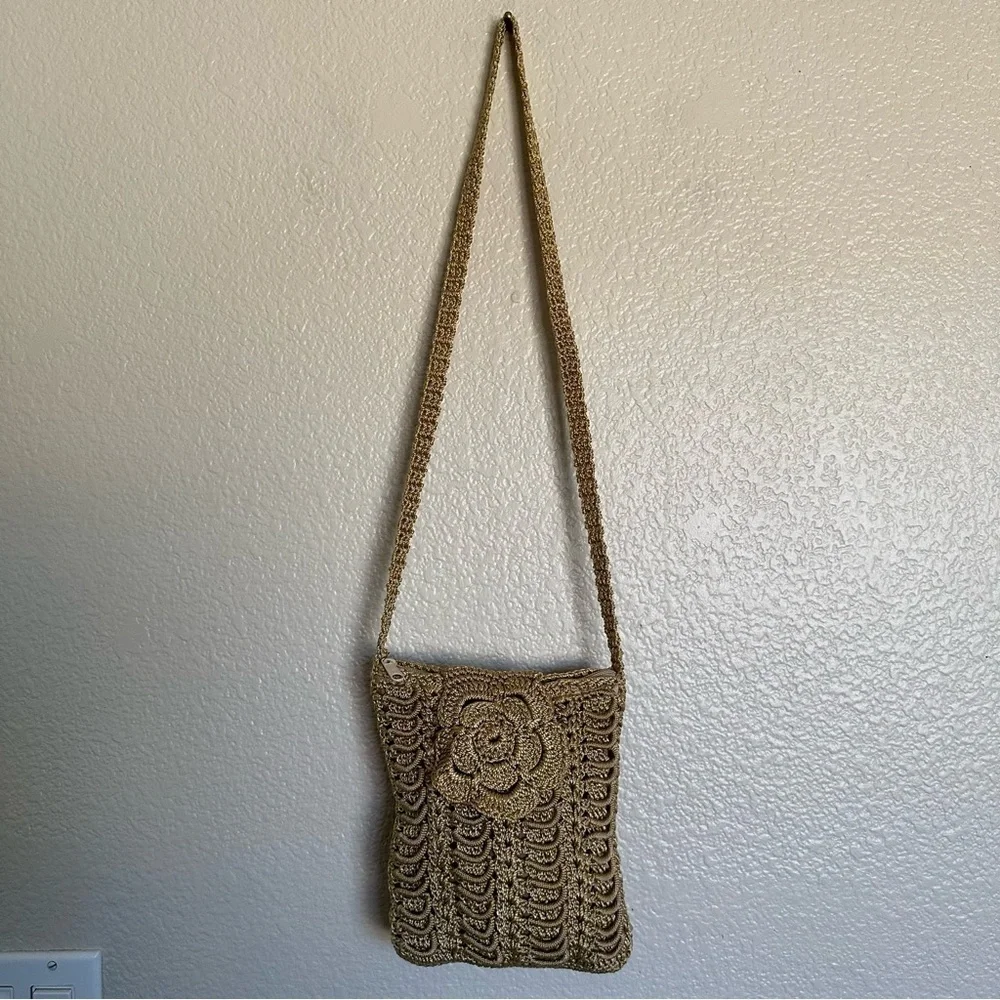 Vintage Handmade Crochet Floral Gold Cross Bag